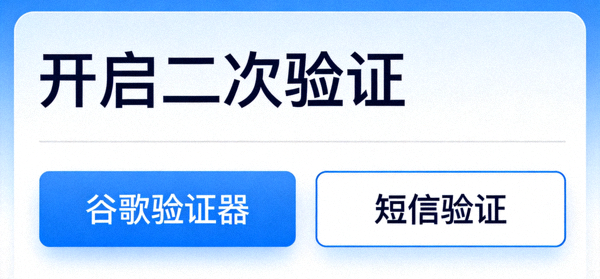 开启二次验证功能，显示谷歌验证器或短信验证选项