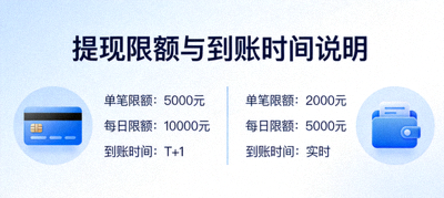 提现限额与到账时间说明，银行卡与电子钱包图标