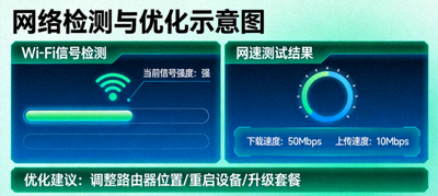 网络检测与优化示意图，显示Wi-Fi信号和网速测试界面
