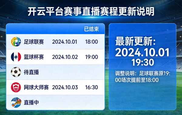 开云平台赛事直播赛程更新说明示意图，包含赛程列表与更新提示