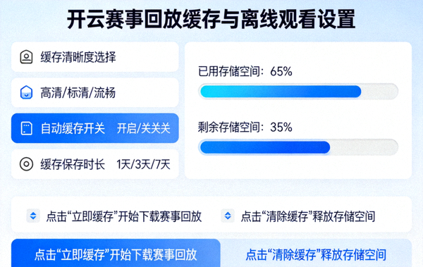 开云赛事回放缓存与离线观看设置示意图，包含存储空间进度条