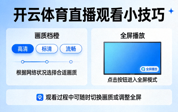 开云体育直播观看小技巧示意图，包含画质档位与全屏播放按钮